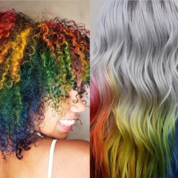 Collage of three rainbow hair looks for Pride