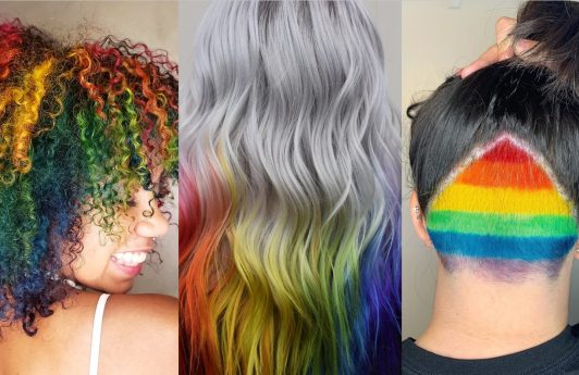 Collage of three rainbow hair looks for Pride