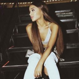 shot of ariana grande with brown hair at concert sitting on steps with long brown hair