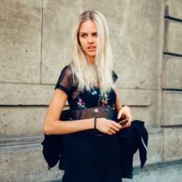 streetstyle shot of a blonde model