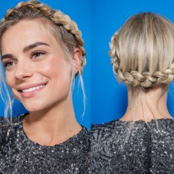 Crown braid short hair tutorial blonde woman with leather jacket