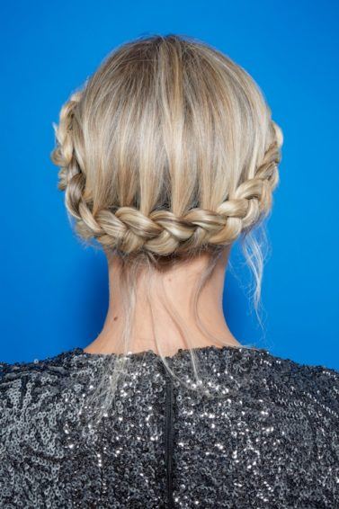 Crown braid short hair tutorial blonde woman with leather jacket