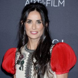 demi moore long dark brown wavy hair in half-up, half-down finish