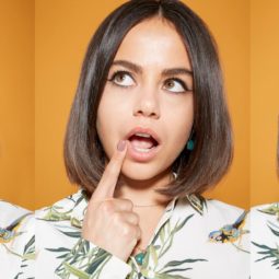 three images of a woman with shoulder length dark brown hair styled straight and curled under