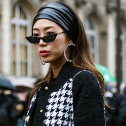 Woman wearing a leather headband