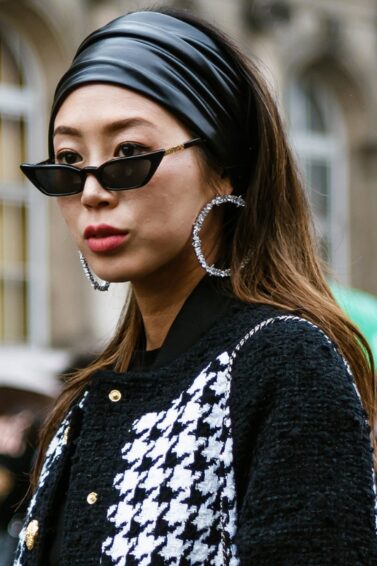 Woman wearing a leather headband