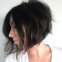 close up shot of woman with curly stacked bob hairstyle