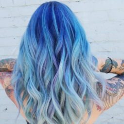 Ocean hair colour - Mid to light blue ombre hair colour on long wavy hair