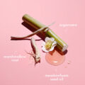 Graphic representation of marshmallow root, sugarcane and meadowfoam seed oil on a light pink background