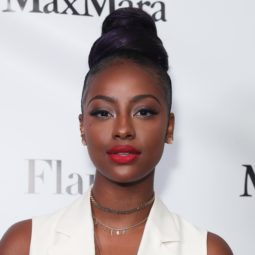 celeb hairstyles: singer justine skye with a high ninja bun hairstyle