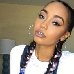 little mix star leigh anne pinnock with colourful braided hairstyle in denim and white