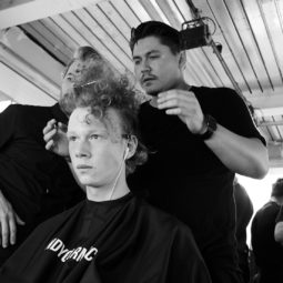 Male grooming: black and white pic of Kieron Webb Global Creative for Lynx and Axe styling hair