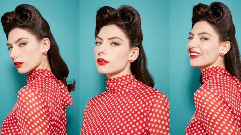 three images of a woman in a red and white spotted dress with her dark brown hair styled into retro pin up curls