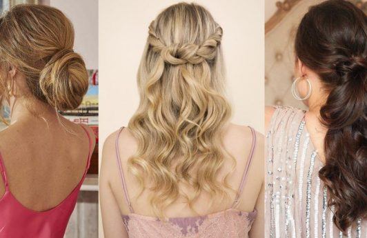 Collage of elegant prom hair ideas by All Things Hair