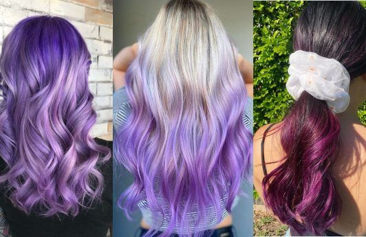 Three women with wavy purple ombre hair