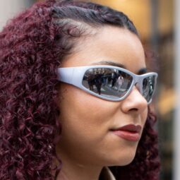 Woman with curly purple hair