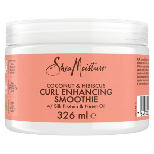 A front view of a SheaMoisture Coconut Hibiscus Curl Enhancer Smoothie container