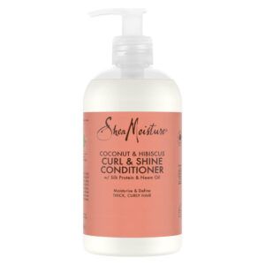 A view for the front of a Shea Moisture Coconut Hibiscus Curl Shine Conditioner bottle