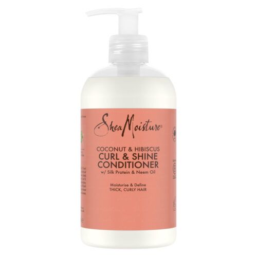 A view for the front of a Shea Moisture Coconut Hibiscus Curl Shine Conditioner bottle