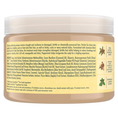 A view of the Shea Moisture Jamaican Black Castor Oil Strengthen Restore Hair Treatment Masque container and Ingredients