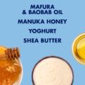 Graphic representing mafura & baobab oil, manuka honey, yoghurt and shea butter graphically