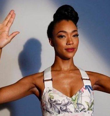 close up shot of star trek: discovery star with vintage updo hairstyle, wearing corset top