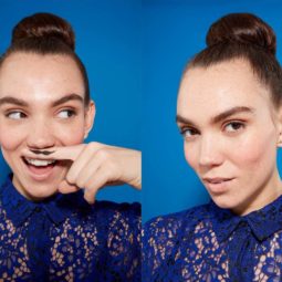 three images of a woman with brunette hair in a tight bun, wearing a blue lace outfit